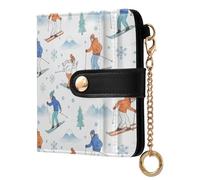 Winter Christmas Skiing White Print Small Women Wallet Bifold RFID Blocking Leather Compact Card Holder with Coin Pocket Zipper Purse for Girls Women Ladies