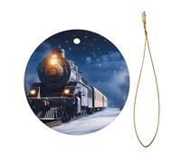 Winter Christmas Snow Night Railway Train Christmas Ceramic Ornament - Double-Sided Uv Printed Round Hanging Decoration with Gold String for Tree