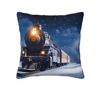 Winter Christmas Snow Night Railway Train Double-Sided Fluffy Pillow Cover with Hidden Zip - Soft Reversible Decorative Cushion Cover for Sofa Bed Car