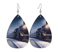 Winter Christmas Snow Night Railway Train Earrings, Lightweight Leather Teardrop Dangle Drop Earrings for Christmas Birthday Gift, Fashion Pendant for Women Jewelry Outfits Accessories