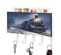 Winter Christmas Snow Night Railway Train Key Holder for Wall Mount with 5 Hooks Decorative Key And Mail Holder Farmhouse Wall Hooks with Shelf PU Leather Key Rack with Mail Holders for Entryway Home