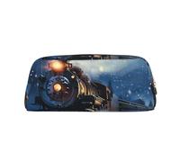 Winter Christmas Snow Night Railway Train Print Leather Pencil Case with Gold Zipper, Multi-Use Cosmetic & Stationery Organizer, Waterproof Desk Storage Pouch for School, Office & Travel Gifts