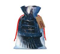 Winter Christmas Snow Night Railway Train Printed Christmas Drawstring Bags with Red Ribbon - Reusable Burlap Drawstring Gift Pouches, S
