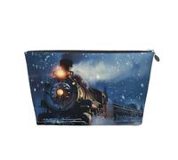Winter Christmas Snow Night Railway Train Printed Toiletry Bag for Women Girl Portable Travel Cosmetic Bag Leather Makeup Pouch Organizer with Silver Zipper
