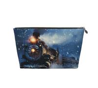 Winter Christmas Snow Night Railway Train Printed Toiletry Bag for Women Girl Portable Travel Cosmetic Bag Leather Makeup Pouch Organizer with Gold Zipper