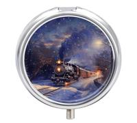Winter Christmas Snow Night Railway Train Round Pill Box with Mirror 3 Compartment Portable Pill Case for Travel Outdoor Use Cute Small Pill Organizer for Pocket Or Purse