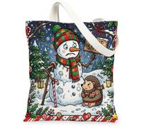 Winter Christmas Snowman Hedgehog Canvas Tote Bag for Shopping 13x15, Funky Xmas Snow Reusable Grocery Print Bag for Women, Holiday Beach Aesthetic Painting Gift Decor
