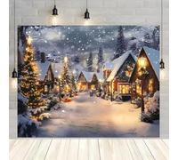 Winter Christmas Snowy Cabin Village Backdrop Family Gathering Decor，7*5FT