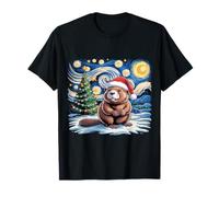 Winter Christmas Tree Beaver Van Gogh Starry Night Holiday T-Shirt
