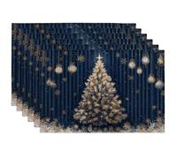 Winter Christmas Tree Placemats, Navy Blue Festive Table Mats for Holiday Dining, Non-Slip Washable Indoor Outdoor Decorative Placemat Set of 6