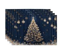 Winter Christmas Tree Placemats, Navy Blue Festive Table Mats for Holiday Dining, Non-Slip Washable Indoor Outdoor Decorative Placemat Set of 4