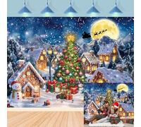 Winter Christmas Village Backdrop Gingerbread House Xmas Tree Snow Night Town Santa's Sleigh Photography Background Christmas Eve New Year Family Holiday Party Decorations Banner Photo Props (8x6FT)