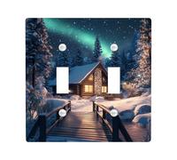 Winter Christmas Wonderland Light Switch Cover Plate/Outlet Covers, Snowy Cabin with Northern Lights for Holiday Decor, Thermoplastic Wall Plates, Standard Size Double Toggle