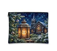 Winter Church And Lantern Scene Christmas Makeup Bag 7x9 Inch | Winter Landscape Illustration, Cosmetic Bag, Stained Glass Church, Glowing Candle Light, Snowy Pine Branches