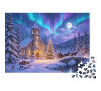 Winter Church Jigsaw Puzzle 1000 Piece Recyclable Aurora Snowscape Jigsaw Puzzles Puzzle Game Props Fun And Challenging Family Game Great Gift Idea 70x50cm/1000pcs