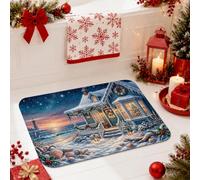 Winter Coastal Cottage Landscape Christmas Bathroom Rugs 20x32 Inch | Seaside Winter Landscape, Shower Toilet Rug, Lighthouse Scene, Holly Berry Accents, Soft Flannel Surface, Absorbent Bath Mat