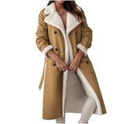 Winter Coats for Women UK Faux Suede Shearling Lapel Coat Thermal Sherpa Fleece Lined Long Peacoats Sheepskin Buckle Jackets Warm Plush Overcoat Moto Bomber Jacket Leather Coats Outerwear Khaki