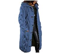 Winter Coats for Women UK, Longline Chunky Knitted Cardigan, Warm Cable Knit Button Down Hooded Sweater Coat with Pockets, Oversized Cardigans for Women