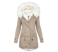 Winter Coats for Women Uk Plus Size Winter Warm Hooded Jacket Long Thicken Warm Fleece Lined Jacket Women Parka Jackets Zip Up Outerwear with Trim Fuffly Hood Packet Outdoor Outerwear Khaki M