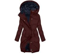 Winter Coats for Women UK Warm - Long Padded Down Jacket Plus Size Fleece Lined Waterproof Jacket with Hood Quilted down Longline Puffer Parka Coat Plush Slim Trench Coats Thermal Zipper Outwear Wine