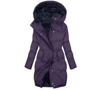 Winter Coats for Women UK Warm - Long Padded Down Jacket Plus Size Fleece Lined Waterproof Jacket with Hood Quilted down Longline Puffer Parka Coat Plush Slim Trench Coats Thermal Zipper Outwear