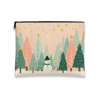 Winter Cosmetic Bag, Fanciful Snow Man and Trees Portable Canvas Pouch for Women, Small Zipper Organizer for Holiday Travel, Green, 7x9 Inch, Bag