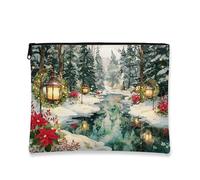 Winter Cosmetic Bag, Snowy Landscape Vintage Portable Canvas Zipper Pouch for Women, Small Travel Makeup Organizer, Holiday Skincare Toiletry Bag, Red, 7x9 Inch, Pouch