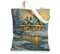 Winter Cottage Canvas Tote Bags, Cozy Rustic Home Design Reusable Shopping Bags, Lightweight Washable Shoulder Strap Canvas, White, 13x15 Inch