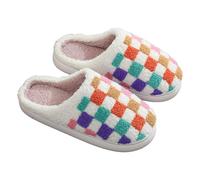 Winter Couple Slippers with Plaid Pattern, Cartoon Design, Warm Padded Fleece Lining, Large Size Indoor House Shoes for Men and Women, Non-Slip Sole (Multicolour, 7)