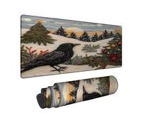 Winter Crow Large Mouse Pad, Black Bird and Christmas Tree Design, Stitched Edge Non-Slip Mousepad for Home and Office Computer, Laptop 12x32 Inch
