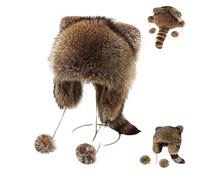 Winter Cute Raccoon Plush Hats, New Faux Fur Windproof Hooded Warm Furry, With Tail Soft Cozy Thick Warm Furry Hat (7-12 years)