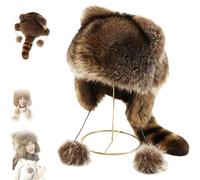 Winter Cute Raccoon Plush Hats, Raccoon Tail Hat,Adjustable Round Size with A Furry Tail，Top Ear Protection for Men & Women - Cozy Animal, Beanie for Snow Days (1PCS,19.69-22.05in)