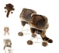 Winter Cute Raccoon Plush Hats, Raccoon Tail Hat,Adjustable Round Size with A Furry Tail，Top Ear Protection for Men & Women - Cozy Animal, Beanie for Snow Days (2PCS,20.47-23.62in)