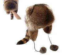 Winter Cute Raccoon Plush Hats, Raccoons Hat with Tail for Women Men, Cute Raccoon Tail Parent-Child Faux Fur Plush Hat (7-12 years old)