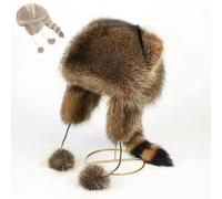Winter Cute Raccoon Plush Hats, Raccoons Hat with Tail for Women Men, Faux Fur Parent-Child Plush Hat (2-6 Years)