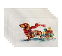 Winter Dachshund Placemats, White Holiday Dog Design for Dining Table, Non-Slip Washable Indoor Outdoor Party Decorative Placemat Set of 6
