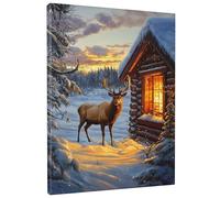 Winter Deer Canvas Wall Art, Wooden Cabin Decor, Snowy Landscape Poster Prints for Holiday Home Aesthetic Wall Hanging Decor for Living Room, Bedroom, Unframed 16x20 Inch