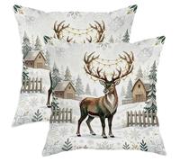 Winter Deer Forest Scene Christmas Throw Pillow Covers 14x14 Set of 2 | Winter Forest Scenery, Throw Pillow Cases, Rustic Wooden Barns, String Lights, Snowy Landscape, Farmhouse Style