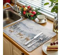 Winter Deer Kitchen Drying Mat 1 Pack, Christmas Country Mountain Forest Pine Tree Snow Bird Absorbent Dish Drying Mat Drying Pad Drainer for Kitchen Counter Sink 16 X 18 Inch, Machine Washable