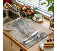 Winter Deer Kitchen Drying Mat 1 Pack, Christmas Country Mountain Forest Rabbit Pine Tree Absorbent Dish Drying Mat Drying Pad Drainer for Kitchen Counter Sink 16 X 18 Inch, Machine Washable