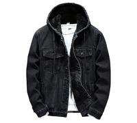 Winter Denim Jean Trucker Jacket for Men Sherpa Fleece Lined Warm Thicken Cowboy Coat Jacket with Hoodie Black X-Large