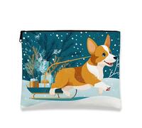 Winter Dog Cosmetic Bag, Cute Corgi Sledding Design Travel Pouch for Women, Portable Small Canvas Zipper Organizer, Holiday Toiletry Bag, White, 7x9 Inch, Dog