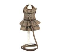 Winter Dog Dress Harness Skirt Dog Lead Leash Puppy Costumes For Yorkshire Pomeranian Schnauzer Poodle Pug French Bulldog Clothing(Coffee,S)