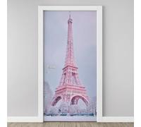 Winter Eiffel Tower Pink 3D Door Stickers Self Adhesive, Paris France Wallpaper Peel and Stick, Falling Snow Landscape Door Murals, PVC Waterproof Door Decal for Bedroom Living Room 77x200 cm P5j06