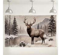 Winter Elk Wall Backdrop, Rustic Forest Scene Photography Background, Snowy Landscape for Holiday Parties, Christmas Decorations 71x43 Inch
