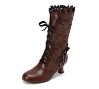 Winter European Lolita Mid Heel Mid-Calf Boots for Women Autumn Winter Fashion Leaf Lace Up Design with Decorative Bow (Brown, 4)