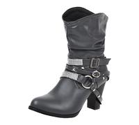 Winter European Style Women's Mid Calf Boots with Thick High Heel and Decorative Belt Buckle Design for Fashionable Comfortable Wear (Grey, 5)
