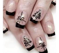 Winter False Nails Glittering Stick On Nails With Christmas Tree Short Square Press On Nails Ribbon Artificial Nails