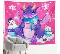 Winter Fantasy Dragon Tapestry, Cute Snowman and Snowflakes Wall Hanging, Cozy Christmas Décor for Bedroom, Living Room, Dorm, Decorative Tapestry 60x80 Inch
