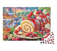 Winter Feast Scene Family 1000 Piece Puzzle for Adults Giant Raspberry Roll Cake in Village Premium Thick Sturdy Challenging Stress Relief 70x50cm/1000pcs